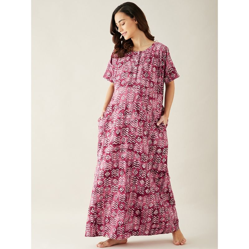 The Kaftan Company Rosewood Pink Batik Printed Maternity Night Dress (M)