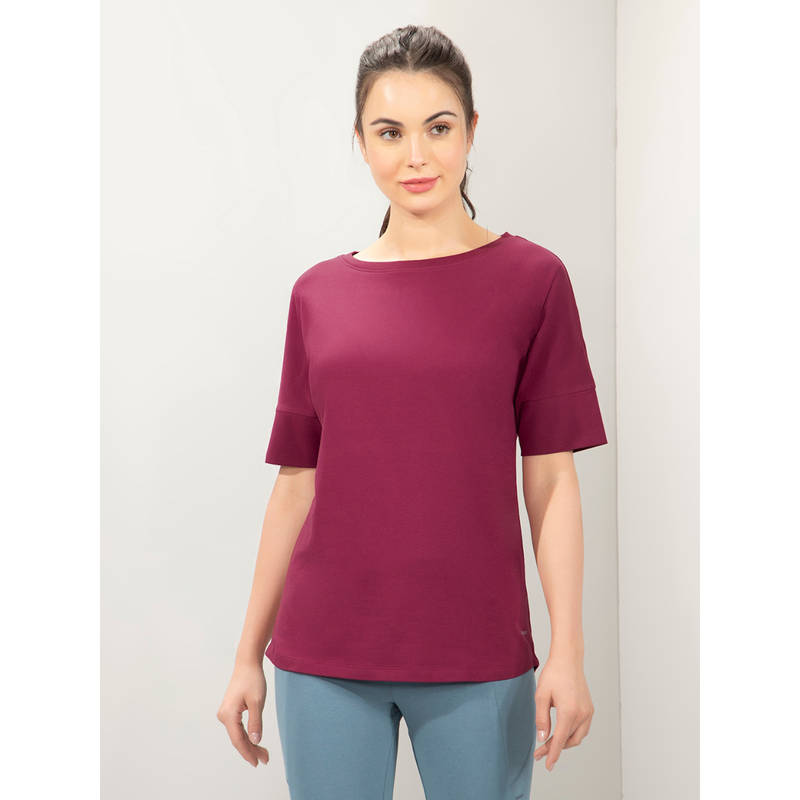 Amante Women Boat Neck Relaxed Fit Solid Elements Long Length T-shirt-Wine (L)