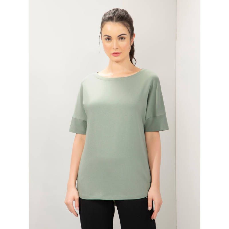 Amante Women Boat Neck Relaxed Fit Solid Elements Long Length T-shirt-Green (XL)