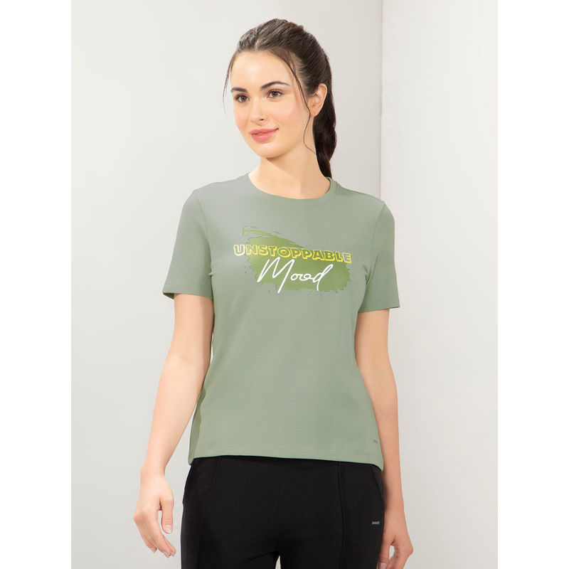 Amante Women Crew Neck Relaxed Fit Essential Printed T-shirt-Green (S)