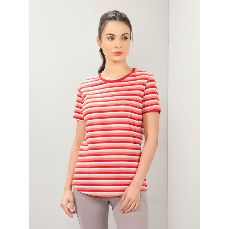 Amante Women Crew Neck Relaxed Fit Essential Stripe T-shirt-Red (2XL)