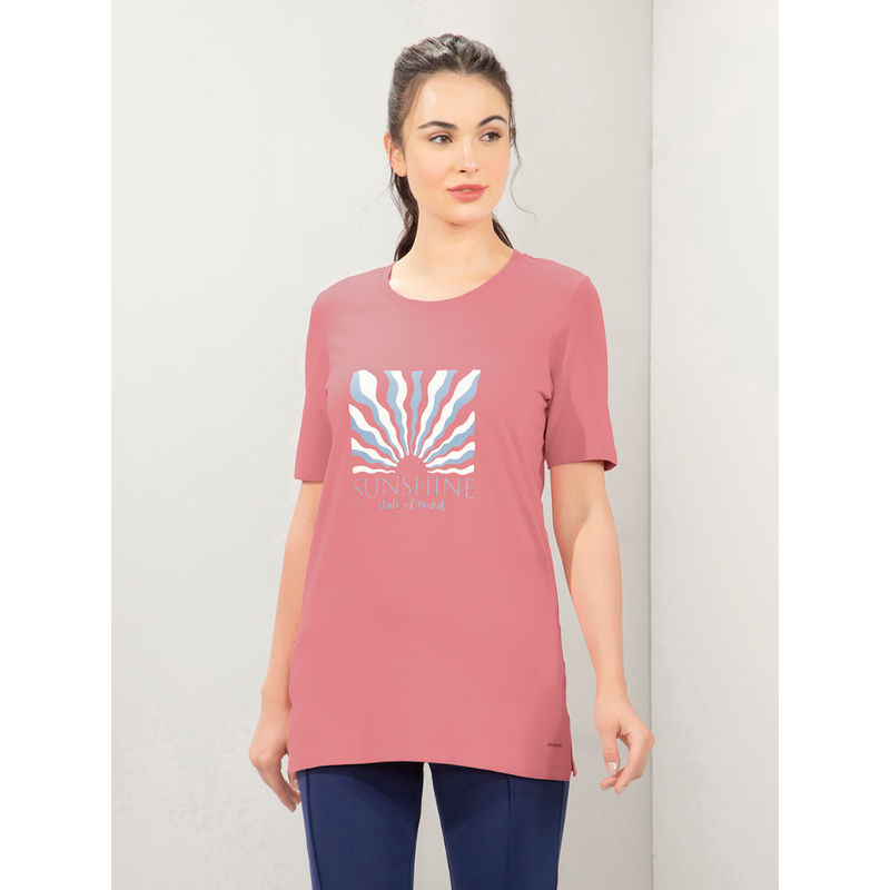 Amante Women Relaxed Fit Printed Short Sleeves T-Shirt With Side Slits-Pink (XL)