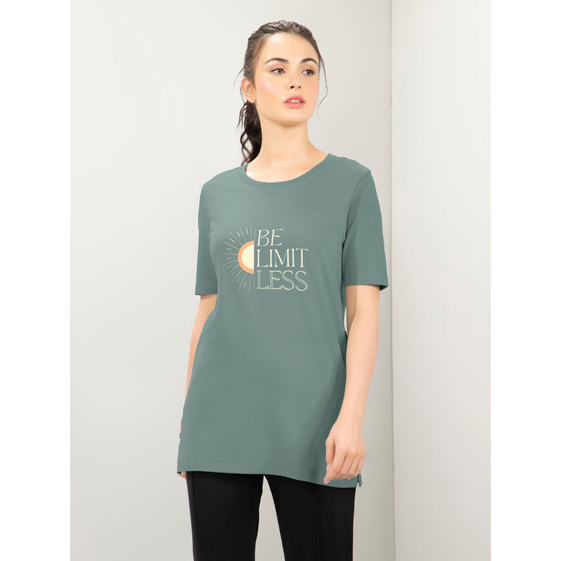 Amante Women Relaxed Fit Printed Short Sleeves T-Shirt With Side Slits-Green (S)