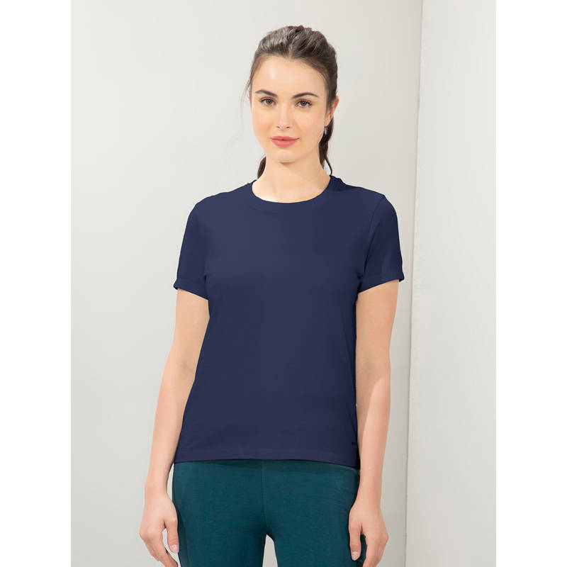 Amante Women Crew Neck Regular Fit Round Neck Solid T-Shirt-Navy Blue (S)
