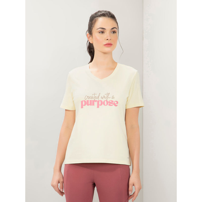 Amante Women V-Neck Regular Fit Printed T-Shirt-Cream (S)