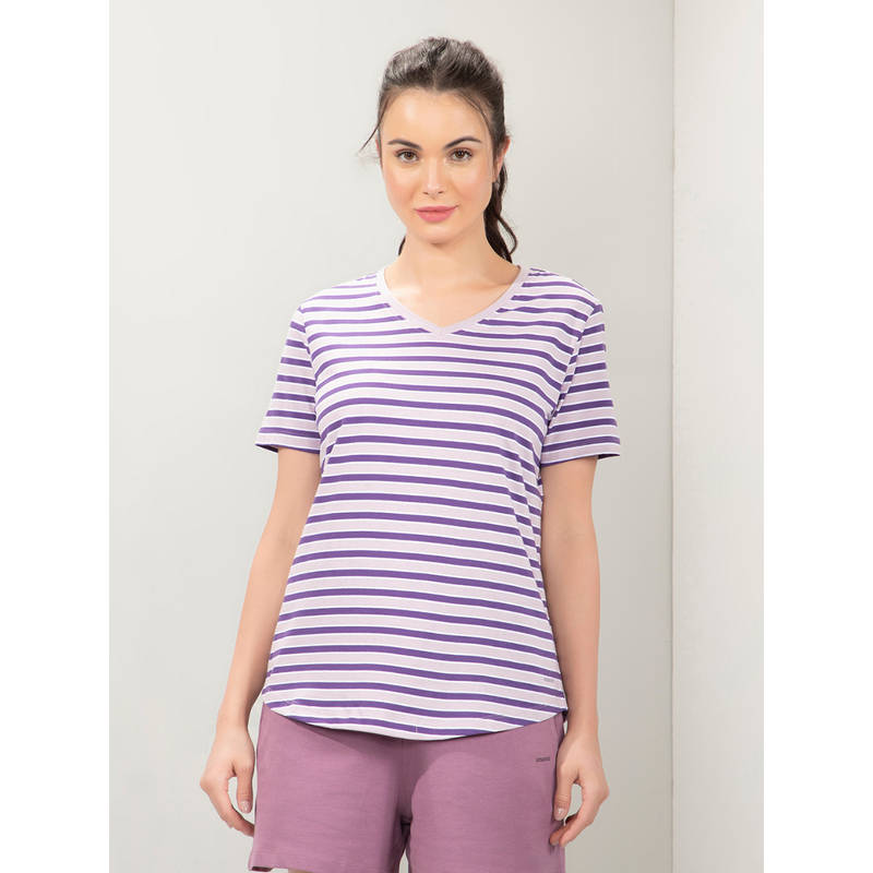 Amante Women V-Neck Relaxed Fit Stripe T-Shirt-Purple (XL)