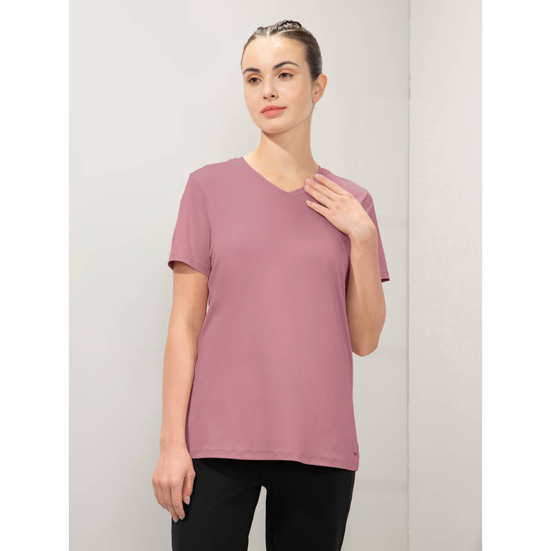 Amante Women Dry Relaxed Fit Solid Energize Active V Neck T-shirt-Pink (L)