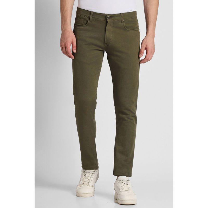 Peter England Men Olive Solid Slim Tapered Casual Trousers (28)