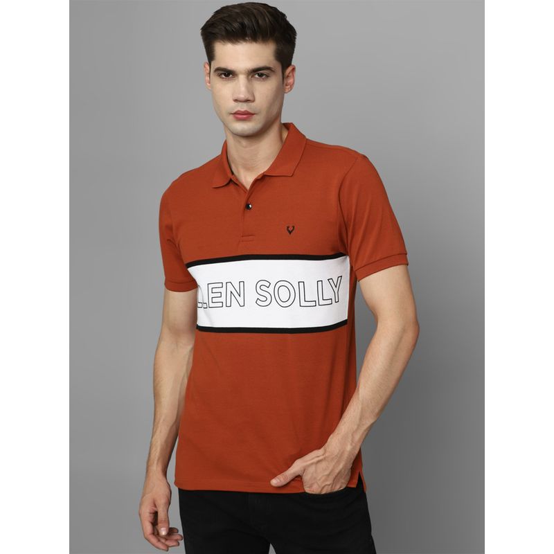 Allen Solly Men Orange Typography Polo Neck T-Shirt (M)