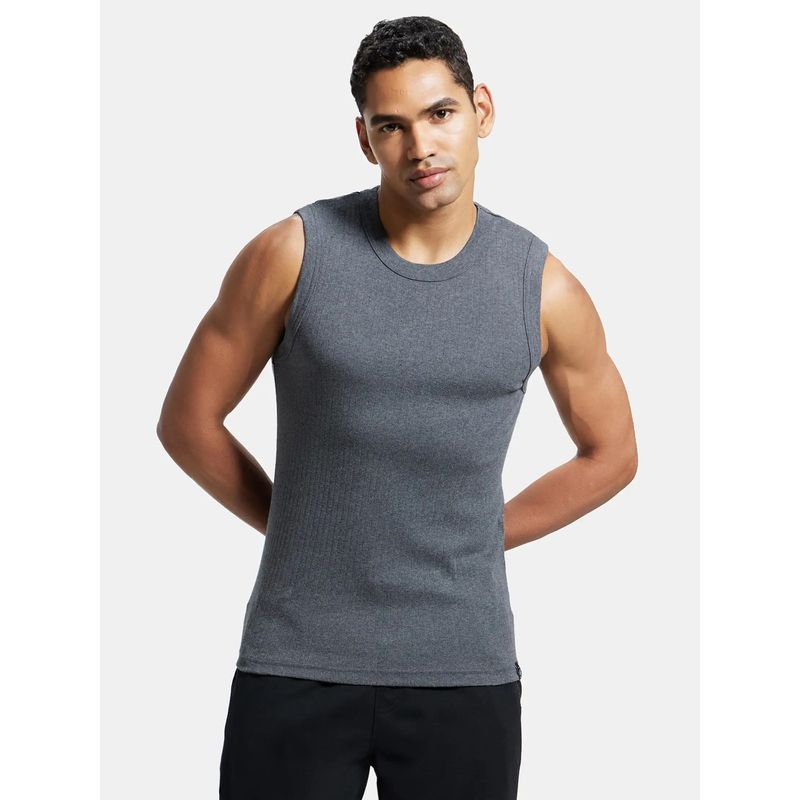 Jockey 9930 Men Super Combed Cotton Rib Solid Round Neck Muscle Vest-Charcoal Melange (M)