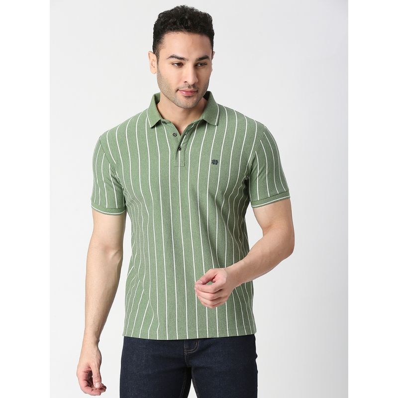 Dragon Hill Half Sleeves Green Melange Verticle Striped Pique Polo T-shirt (L)