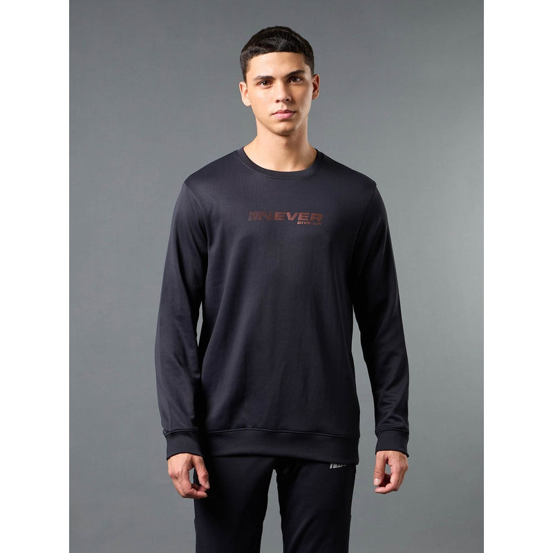 Technosport Men Black Printed Slim Fit Round Neck Sports Sweatshirt with Elasto Plus (M)