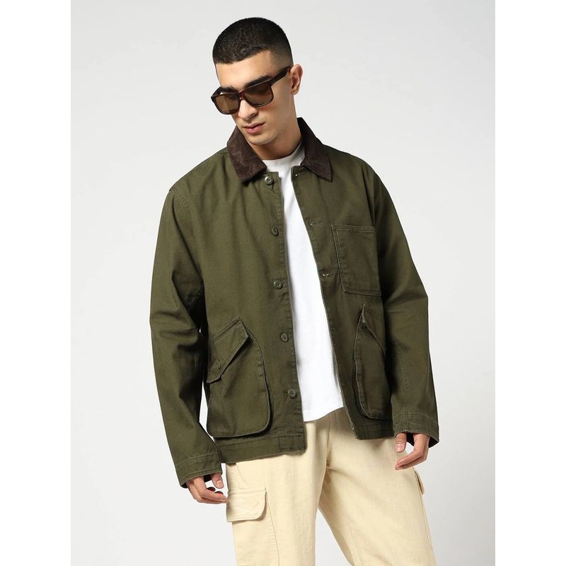 GAP Olive Men Cotton Collar Neck Jacket (XS)