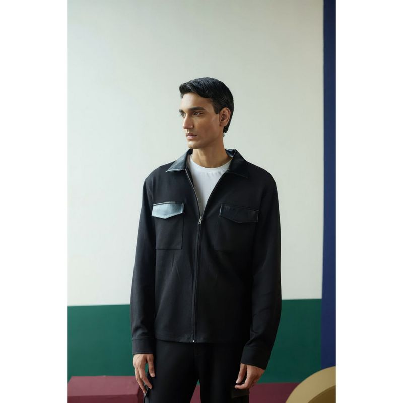 Muvazo Black Men Faux Leather Collar Neck Jacket (XS)