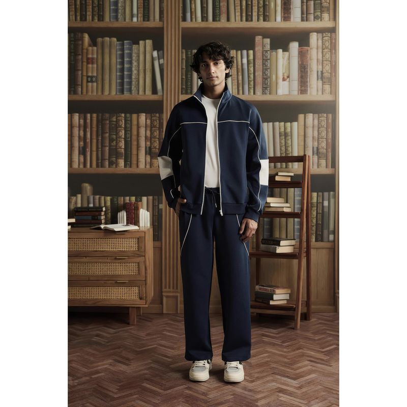 Muvazo Navy Blue Men Scuba Mandarin Neck Jacket (M)