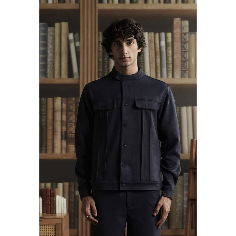 Muvazo Blue Men Suede Mandarin Neck Jacket (XS)