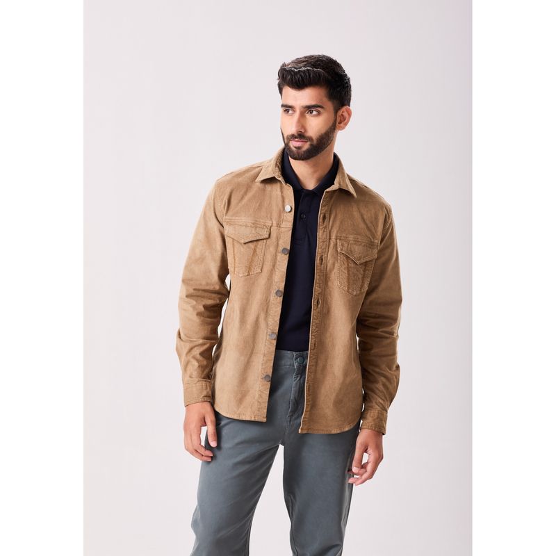 MH&Y Khaki Men Corduroy Collar Neck Shacket (S)