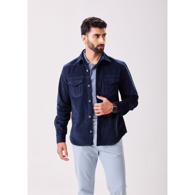 MH&Y Navy Blue Men Corduroy Collar Neck Shacket (S)