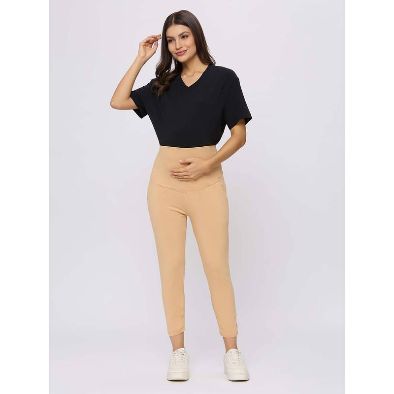 Evamomies Beige Solid Cotton Skinny Leggings (M)