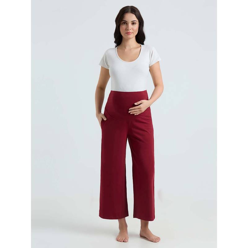 Evamomies Maroon Solid Cotton Relaxed Palazzo (M)