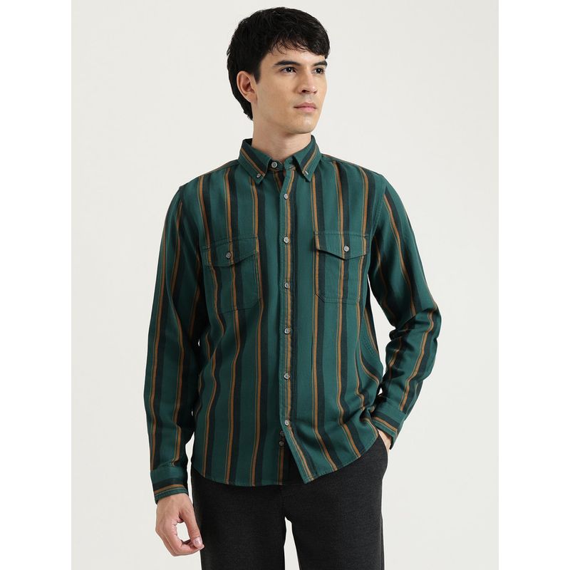 United Colors of Benetton Green Button Down Stripes Double Pocket Flannel Shirt (XL)