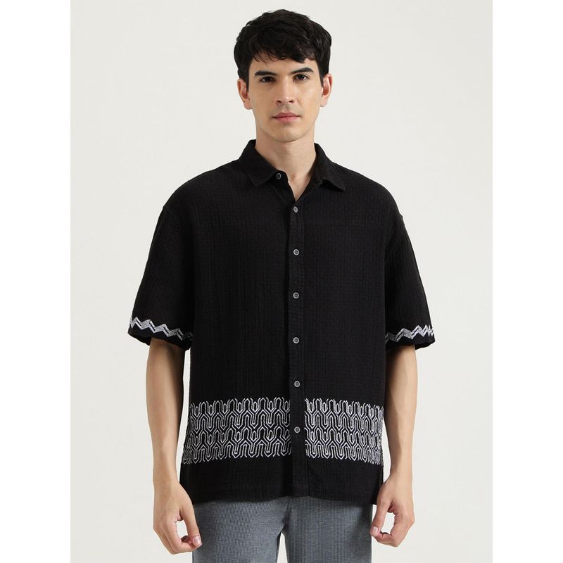 United Colors of Benetton Black Oversized Fit Spread Collar Embroidered Shirt (XL)