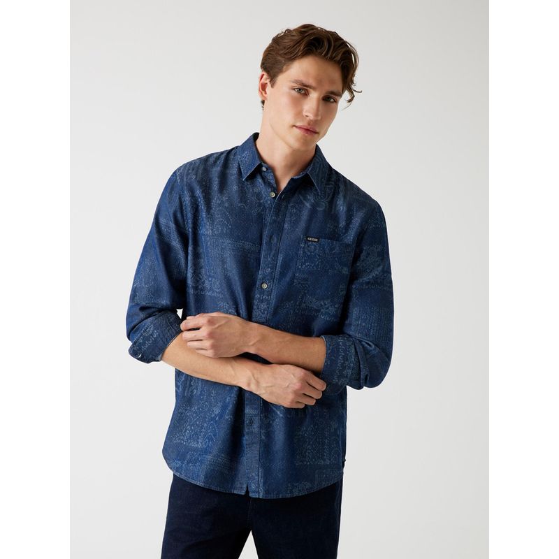 Guess Mens Aop Blue Bandana Spread Collar Full Sleeve Fluid Tencel Shirt (S)
