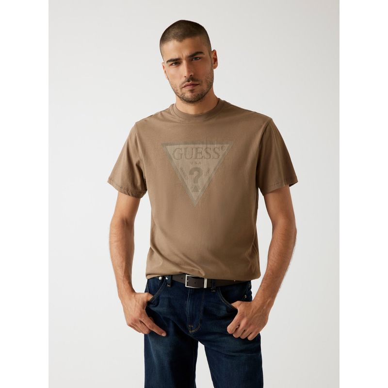 Guess Mens Elk Brown Printed Round Neck Organic Stream Jersey T-Shirt (S)