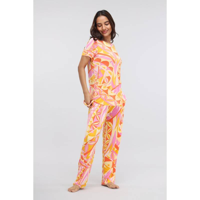 NeceSera Yellow Abstract Print Modal T-Shirt and Pyjama (Set of 2) (S)