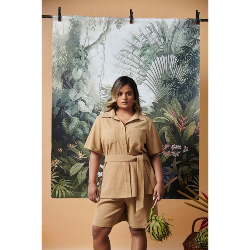 NeceSera Mini Waffle Beige Safari Bermuda Shirt with Shorts With Belt (Set of 2) With Belt (XL)