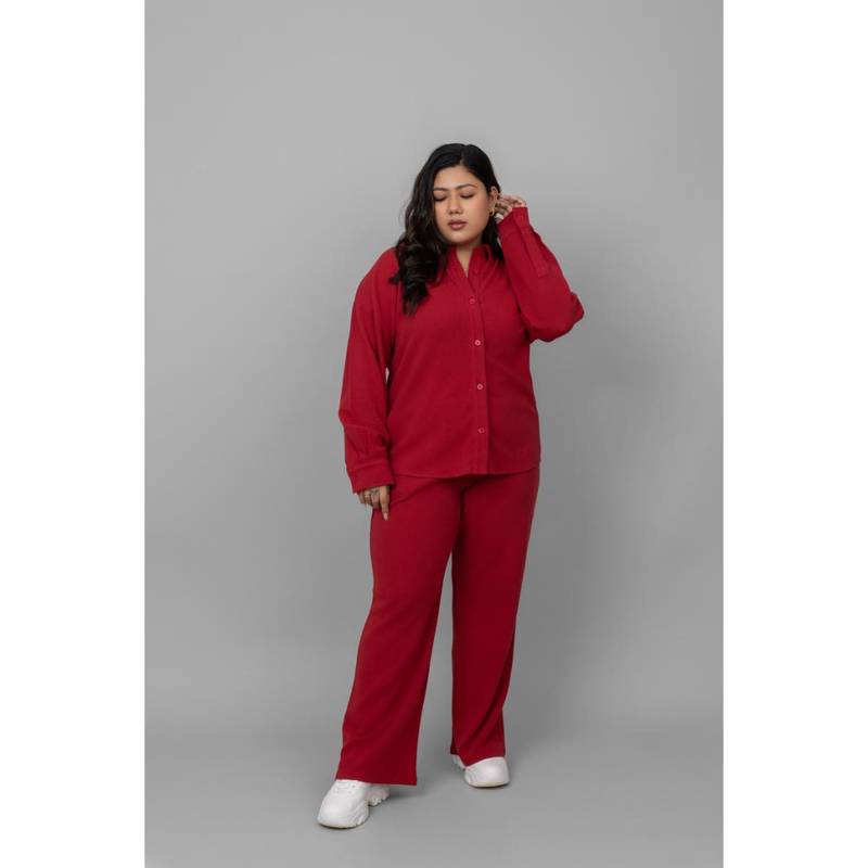 NeceSera Red Mini Waffle Shirt with Pyjama (Set of 2) (S)
