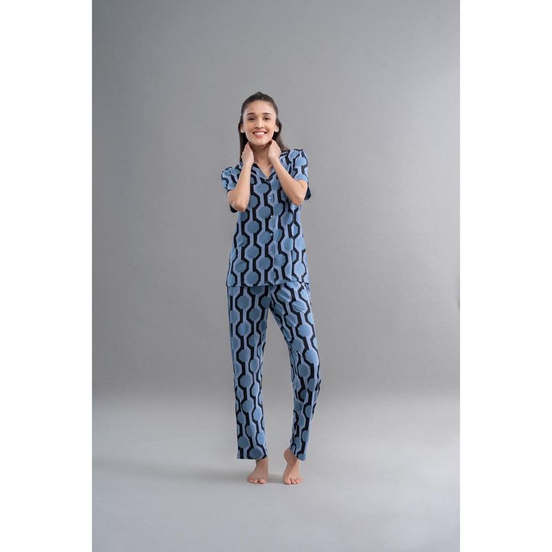 NeceSera Midnight Blue Geometric Dream Shirt with Pyjama (Set of 2) (S)