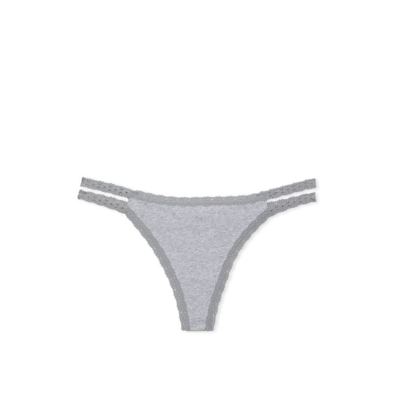 Victoria's Secret Grey Wink Lace-Trim Strappy Thong Panty (M)