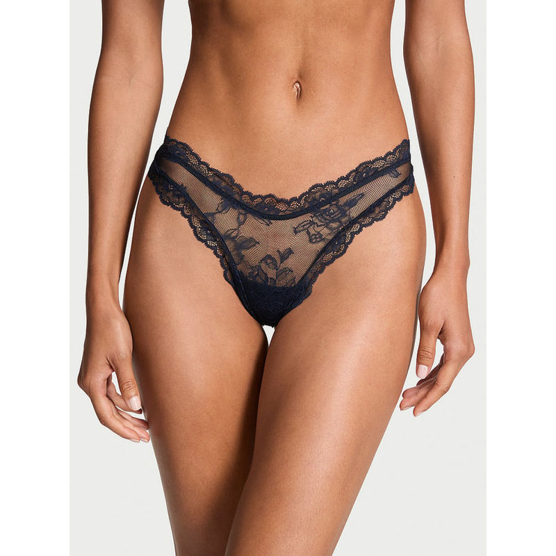 Victoria's Secret Navy Blue Very Sexy Rose Lace High-Leg Thong Panty (XS)