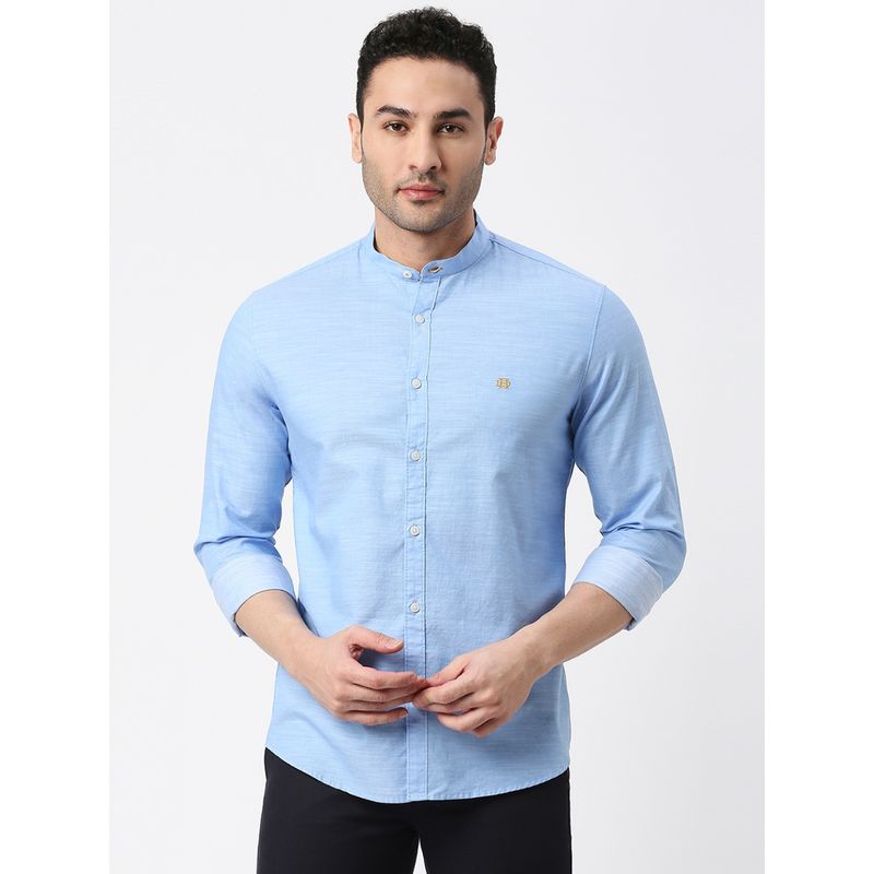 Dragon Hill Full Sleeves Sky Blue Premium Cotton Solid Shirt with Mandarin Collar (XL)