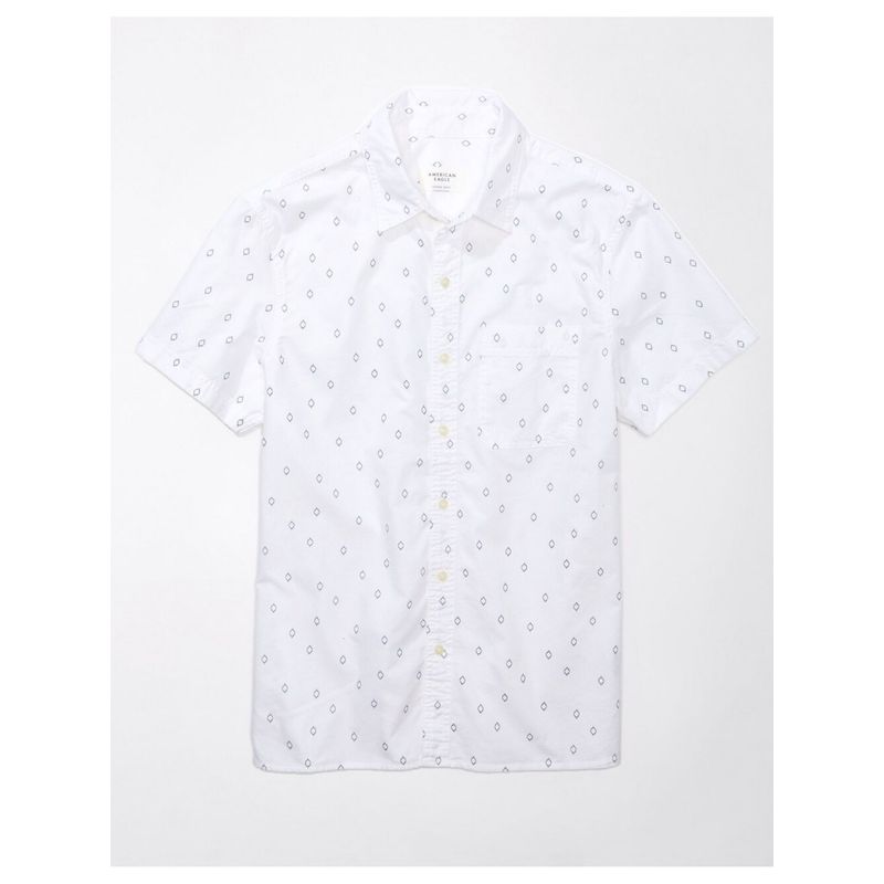 American Eagle Men White Printed Button-Up Resort Shirt (L)