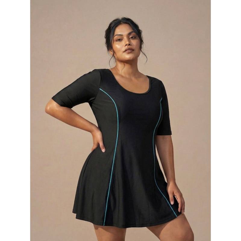 SOIE Women Solid Half-Sleeves Swimdress with Shorts - Black (S)