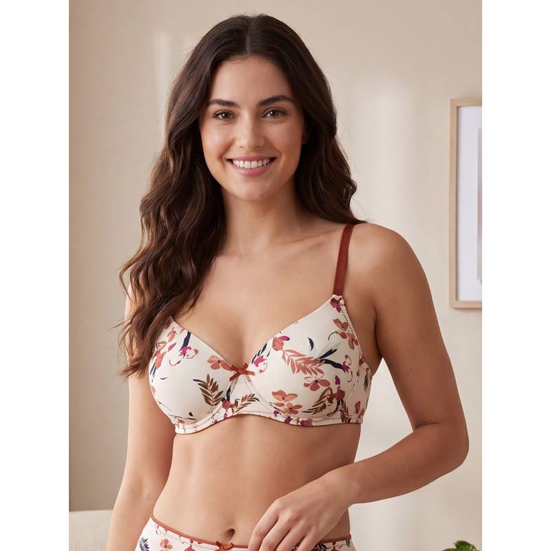 Clovia Padded Non-Wired Full Figure Floral Print Multiway T-Shirt Bra in Cream Colour (34B)