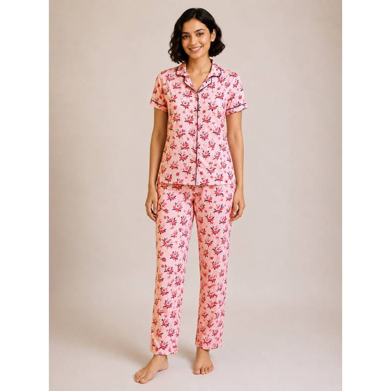 Clovia Floral Print Button-Down Shirt and Pyjama in Light Pink (3XL)