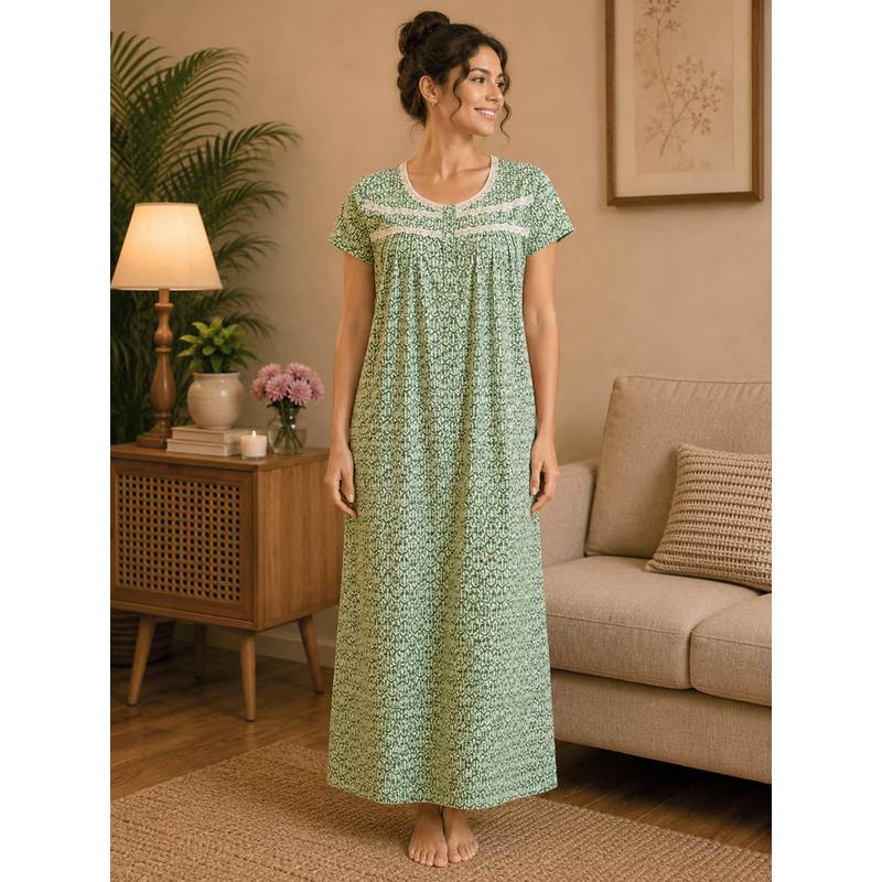 Clovia Floral Print Long Nighty in Green (M)
