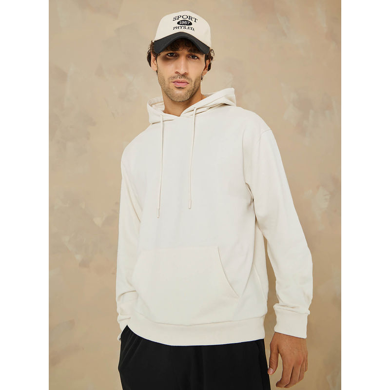 Styli Men Solid Relaxed Fit Hoodies And Sweatshirts Ecru Cotton (2XL)