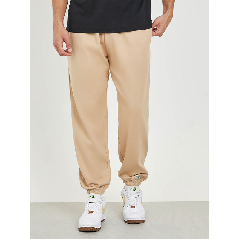 Styli Men Solid Relaxed Fit Joggers Sand Cotton (M)