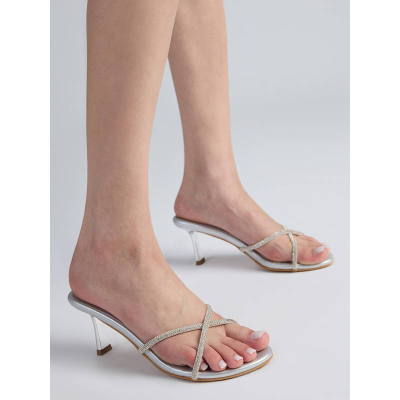 RSVP by Nykaa Fashion Womens Silver Round Toe Festive Embellished Slip On Kitten Heels (EURO 36)