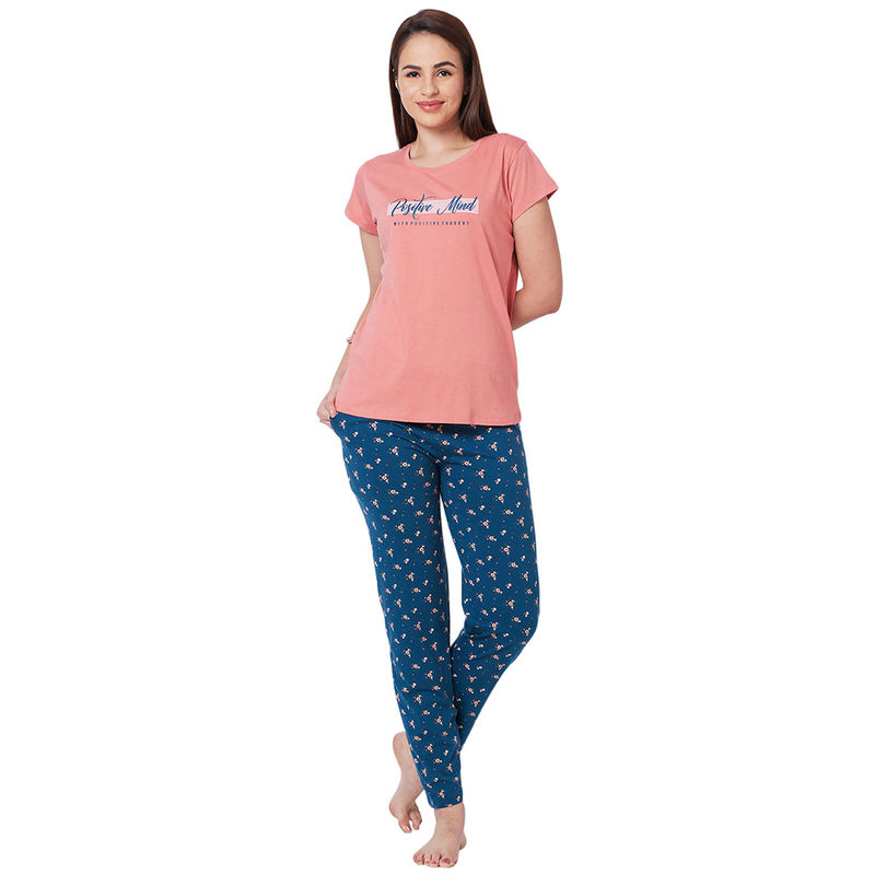 Juliet Peach Cotton T-Shirt with Pyjama Night Suit-JON804 (Set of 2) (M)