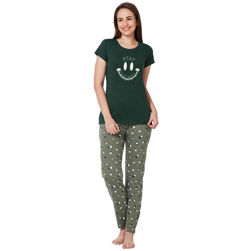 Juliet Green Cotton T-Shirt with Pyjama Night Suit-JON806 (Set of 2) (M)