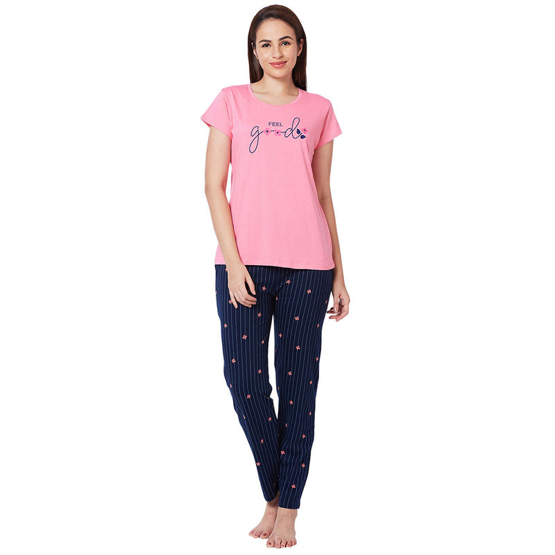 Juliet Pink Cotton T-Shirt with Pyjama Night Suit-JON808 (Set of 2) (M)