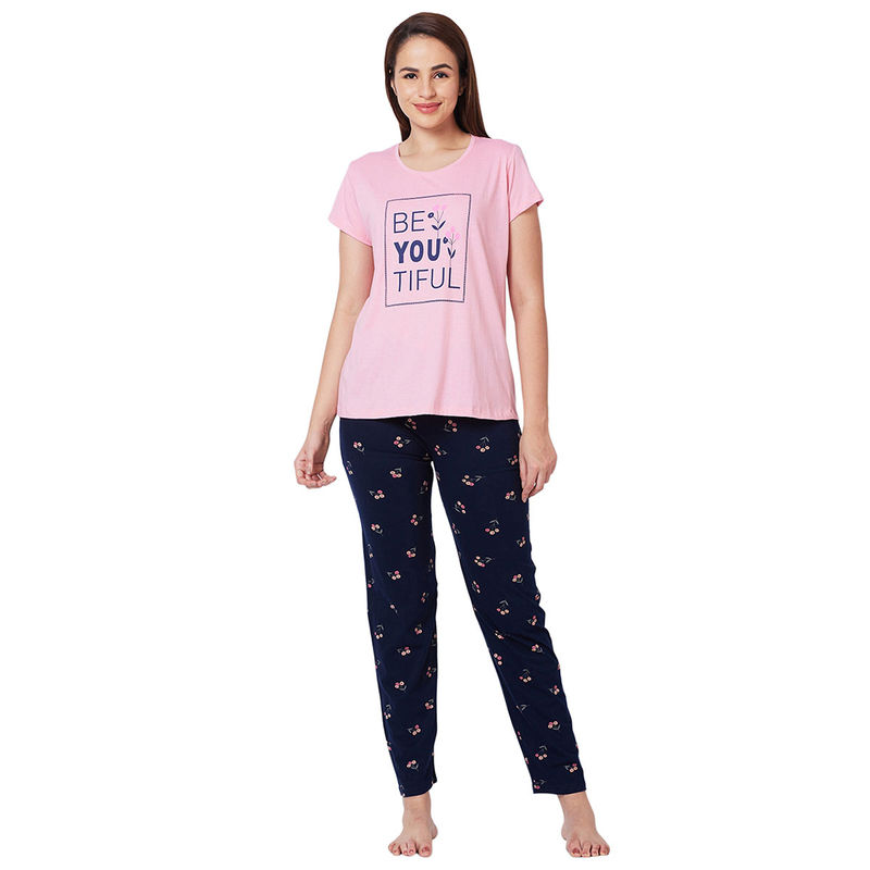 Juliet Pink Cotton T-Shirt with Pyjama Night Suit-JON810 (Set of 2) (M)