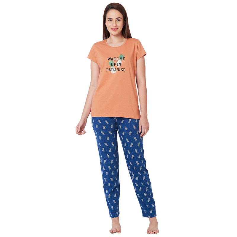 Juliet Orange Cotton T-Shirt with Pyjama Night Suit-JON811 (Set of 2) (M)