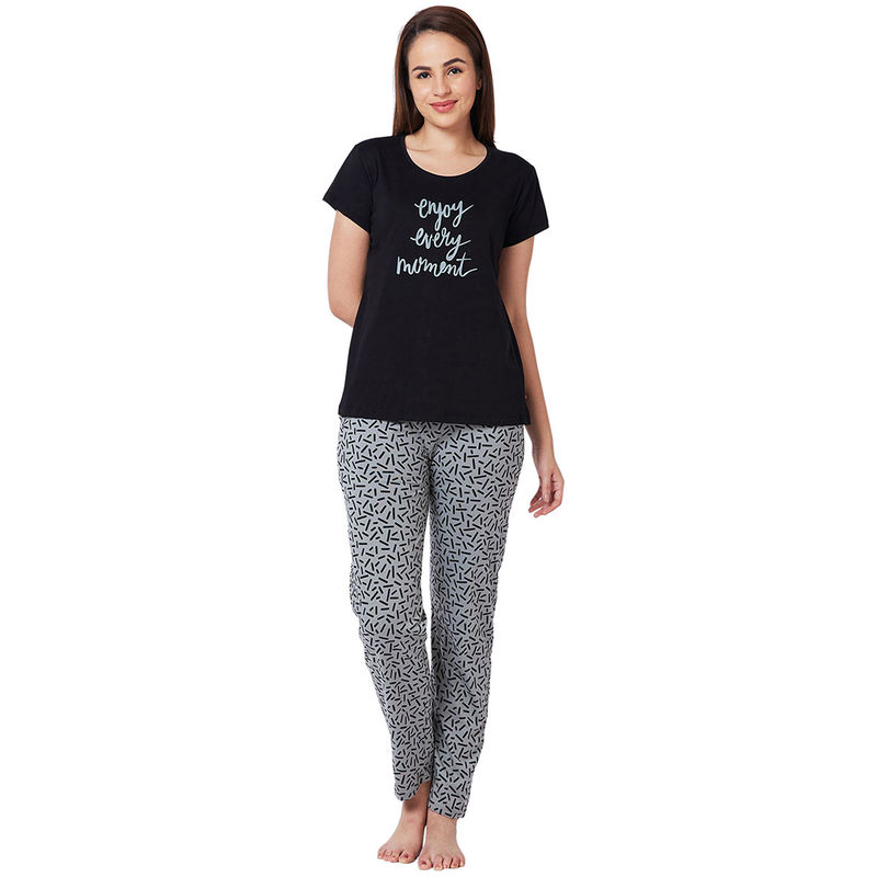 Juliet Black Cotton T-Shirt with Pyjama Night Suit-JON812 (Set of 2) (M)