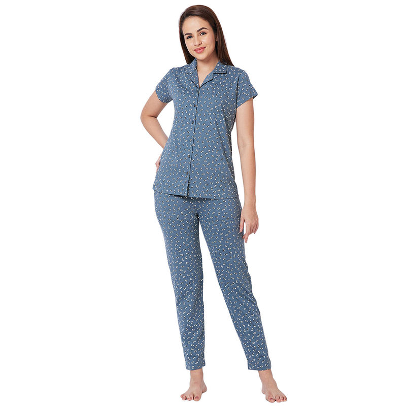 Juliet Blue Cotton Shirt with Pyjama Night Suit-JON814 (Set of 2) (2XL)